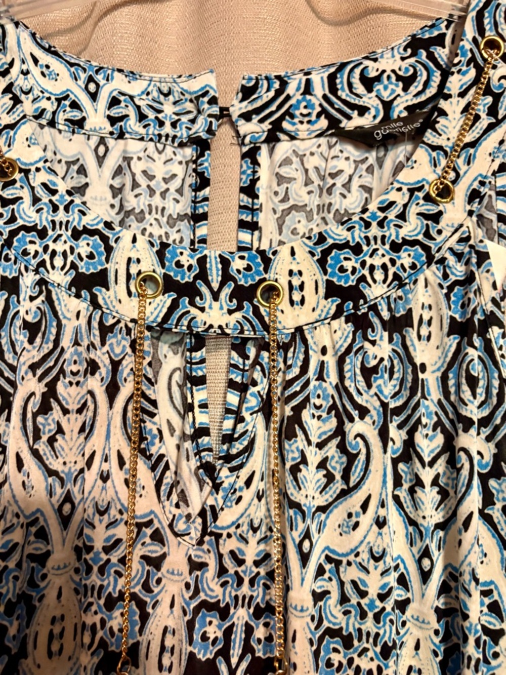 Blue and Black Printed Grommet Chain Maxi Dress